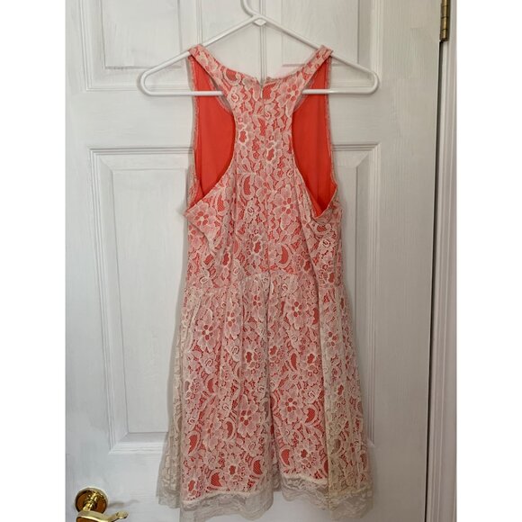 Pinky Sleeveless Womens Mini Dress Small Ivory Lace Overlay Coral Lining - Picture 2 of 7